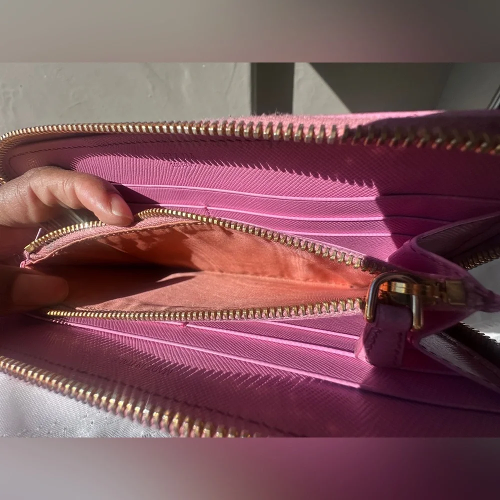 PRADA Pink Yellow Perforated Saffiano Zip Around Wallet - Picture 4 of 11